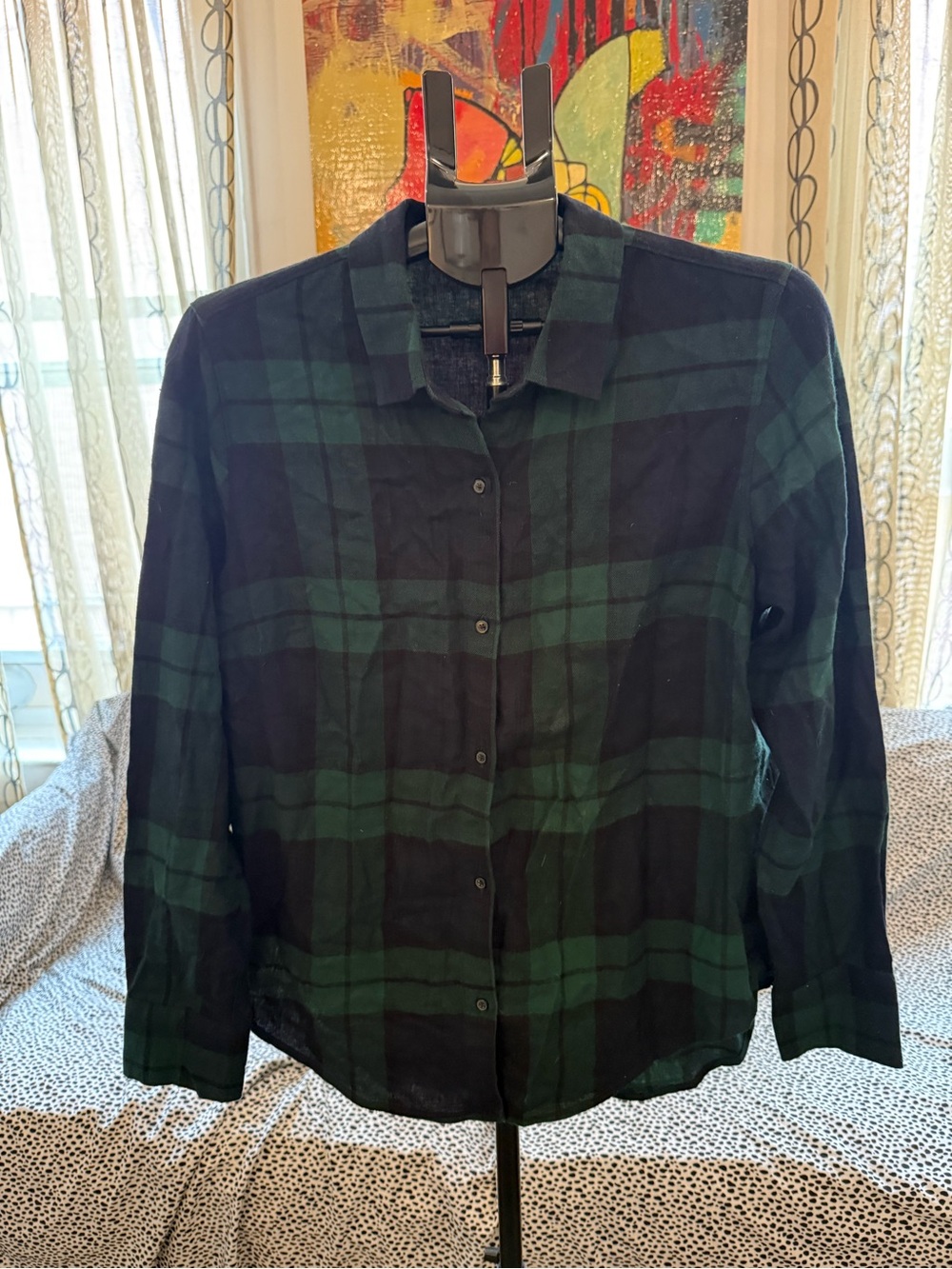 Old Navy Black and Green Plaid Button-Down Shirt